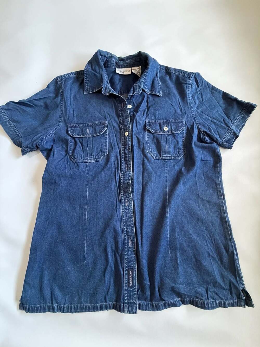 Kathy Ireland Denim Shirt L Blue Short Sleeve Button Up Y2K Utility Workwear